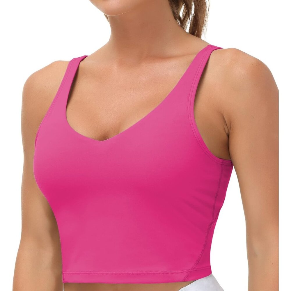〽️ Women Bright Pink Pullover Longline Soft Padded Wirefree Athletics Sports Bra